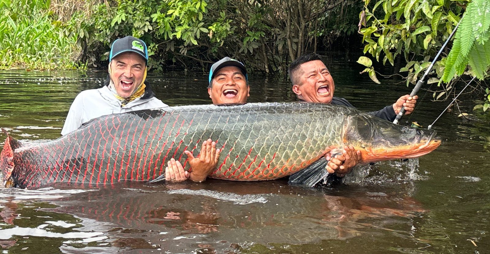 Three anglers celebrating a giant Arapaima
