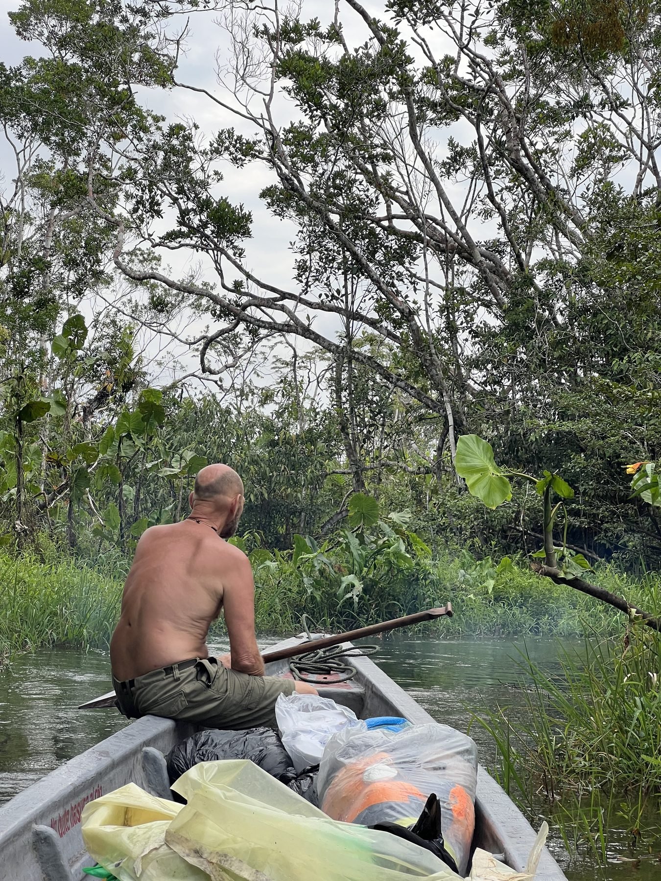 Canoe pushing through a narrow jungle channel